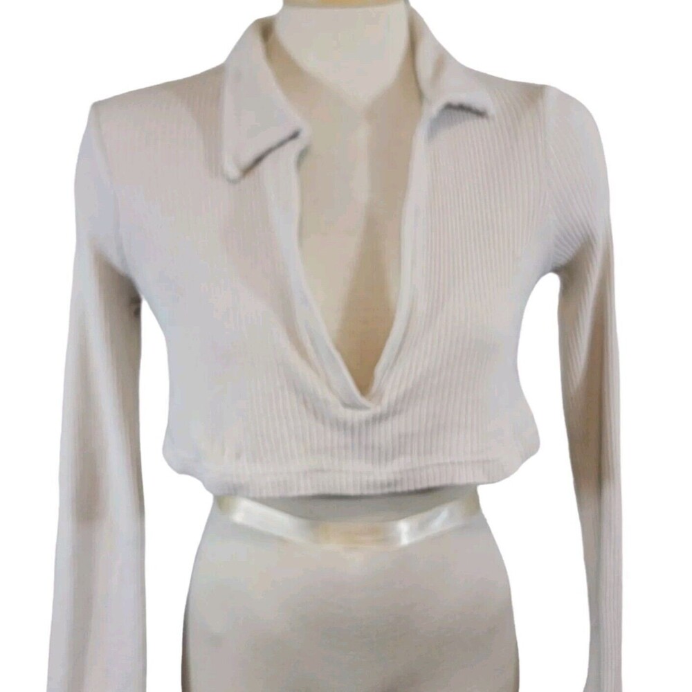 Free People Beach Top Womans Small Cream Ecru Cropped Long Sleeve Ribbed V-neck